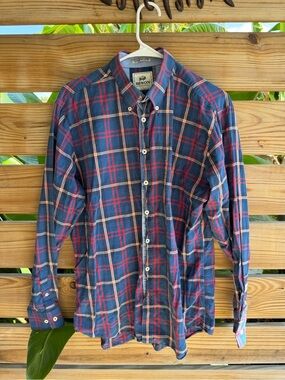 Bison Classic Plaid Button-Down Shirt — Navy & Red